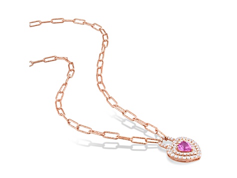 1 3/4 CT TGW Created Pink and Created White Sapphire Halo Necklace in Rose Plated Sterling Silver