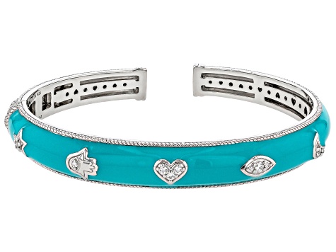 Judith Ripka 0.35ctw Bella Luce® and Blue Enamel Rhodium Over Sterling Silver Luck Cuff Bracelet