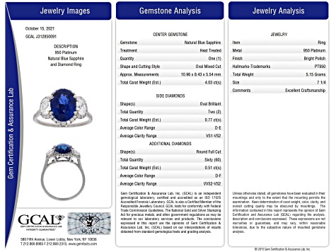 Oval Blue Sapphire and White Diamond Platinum Ring. 4.80 CTW