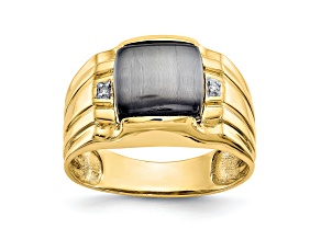 10K Yellow Gold Gray Onyx Cats Eye and 0.01ct Diamond Men's Ring