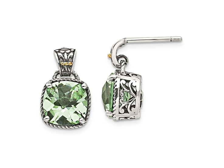 Sterling Silver Antiqued with 14K Accent Prasiolite Earrings