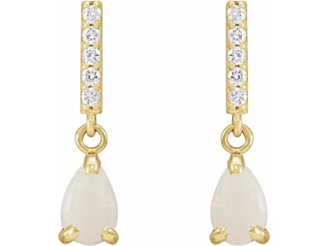 14K Yellow Gold Pear Shape Ethiopian Opal and Round Diamond Dangle Earrings