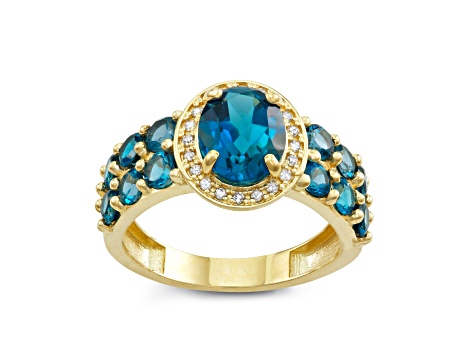 London Blue Topaz with Diamond Accent 10K Yellow Gold Halo Ring 3.64ctw