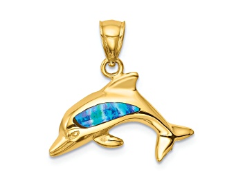 Picture of 14k Yellow Gold Lab Created Opal Dolphin Pendant
