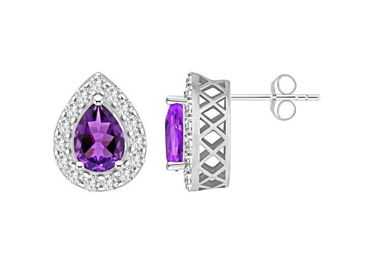 8x5mm Pear Shape Amethyst And White Topaz Accent Rhodium Over Sterling Silver Halo Stud Earrings