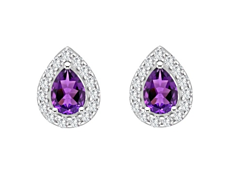 8x5mm Pear Shape Amethyst And White Topaz Accent Rhodium Over Sterling Silver Halo Stud Earrings