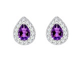 8x5mm Pear Shape Amethyst And White Topaz Accent Rhodium Over Sterling Silver Halo Stud Earrings