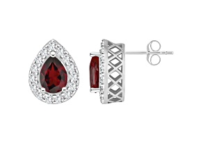 8x5mm Pear Shape Garnet And White Topaz Accent Rhodium Over Sterling Silver Halo Stud Earrings