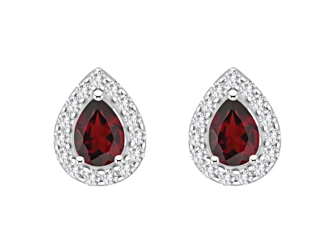 8x5mm Pear Shape Garnet And White Topaz Accent Rhodium Over Sterling Silver Halo Stud Earrings