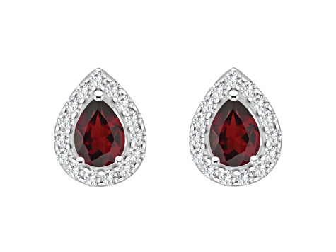 8x5mm Pear Shape Garnet And White Topaz Accent Rhodium Over Sterling Silver Halo Stud Earrings