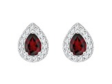 8x5mm Pear Shape Garnet And White Topaz Accent Rhodium Over Sterling Silver Halo Stud Earrings