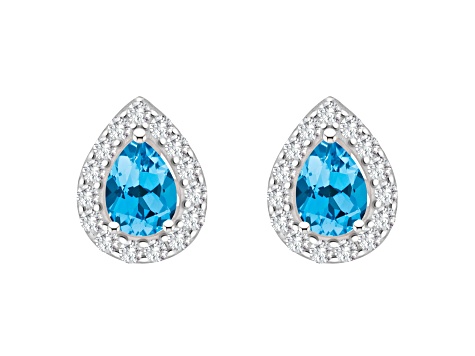 8x5mm Pear Shape Swiss Blue Topaz And White Topaz Rhodium Over Sterling Silver Halo Stud Earrings