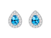 8x5mm Pear Shape Swiss Blue Topaz And White Topaz Rhodium Over Sterling Silver Halo Stud Earrings