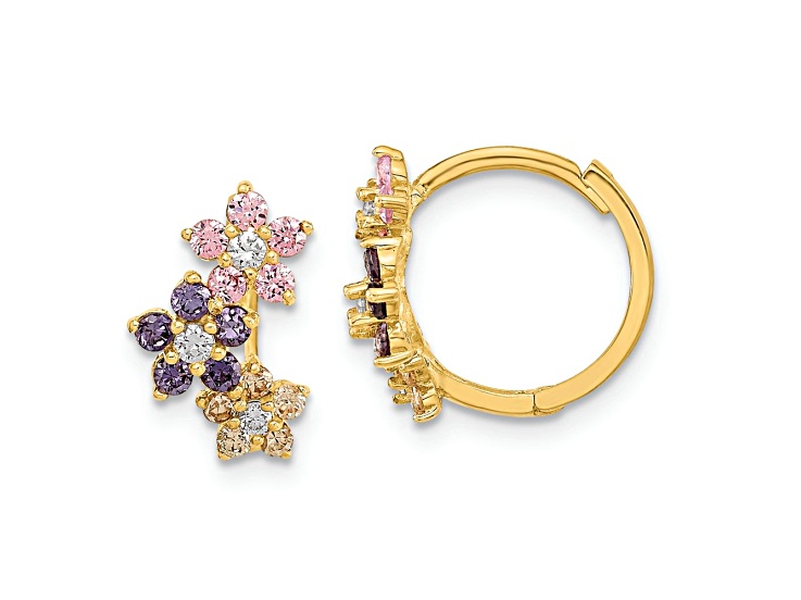 14K Yellow Gold Hinged Flower Multicolor Cubic Zirconia Hoop Earrings