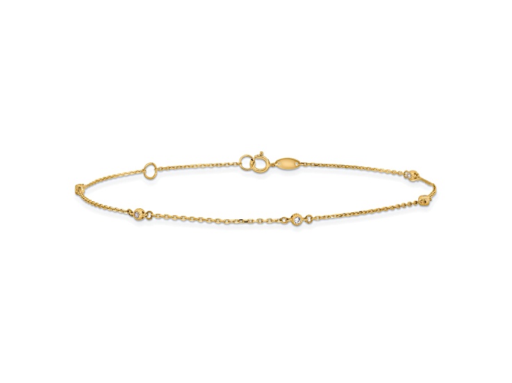14K Yellow Gold Polished CZ Station 9-inch Plus 1-inch Extension Anklet