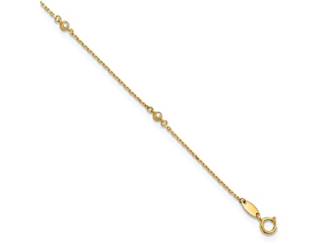 14K Yellow Gold Polished CZ Station 9-inch Plus 1-inch Extension Anklet