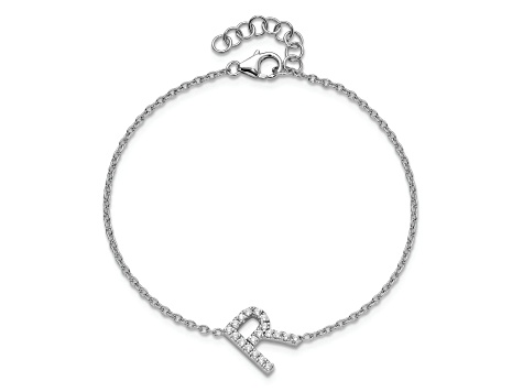 Rhodium Over 14k White Gold Diamond Sideways Letter R Bracelet