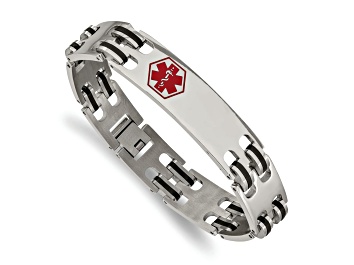 Picture of Stainless Steel Black Rubber Red Enamel 8.25-inch Medical ID Bracelet