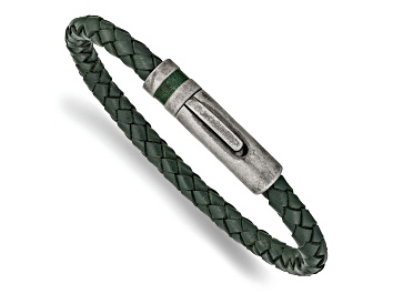Picture of Green Leather and Stainless Steel Antiqued 8.25-inch Bracelet