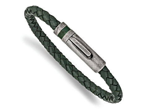 Green Leather and Stainless Steel Antiqued 8.25-inch Bracelet