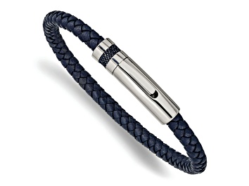 Picture of Blue Leather and Stainless Steel Polished 8.25-inch Bracelet