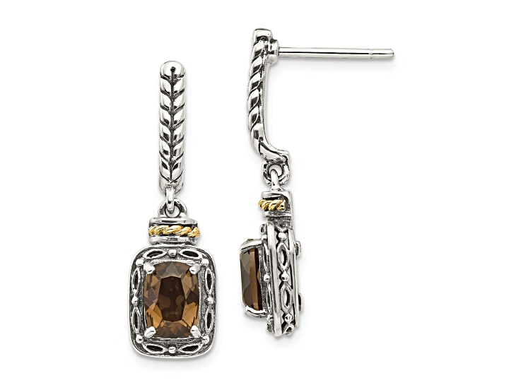 Sterling Silver with 14K Accent Antiqued Smoky Quartz Post Dangle Earrings