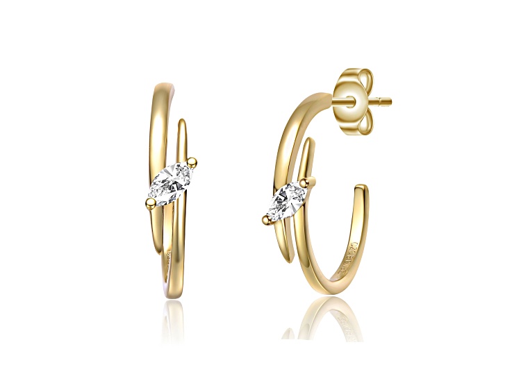 Clear Cubic Zirconia, 14k Yellow Gold Plated over Sterling Silver Double Curve C-Hoop Earrings