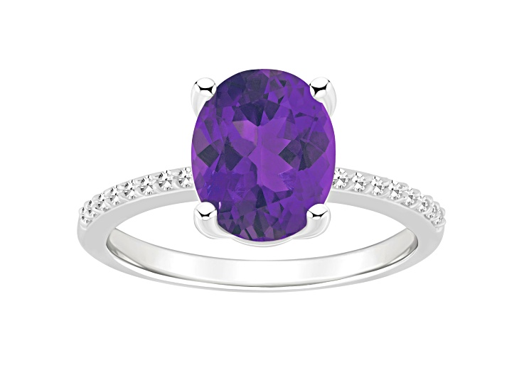 10x8mm Oval Amethyst and 1/10 ctw Diamond Rhodium Over Sterling Silver Ring