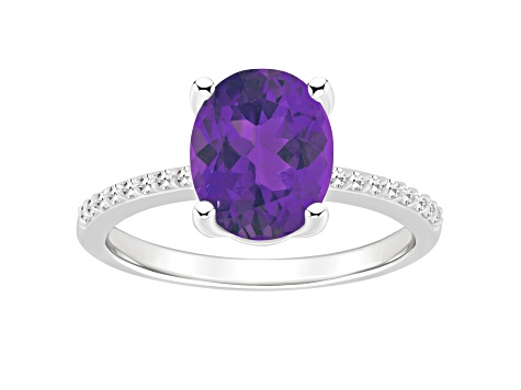 10x8mm Oval Amethyst and 1/10 ctw Diamond Rhodium Over Sterling Silver Ring