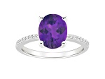 10x8mm Oval Amethyst and 1/10 ctw Diamond Rhodium Over Sterling Silver Ring
