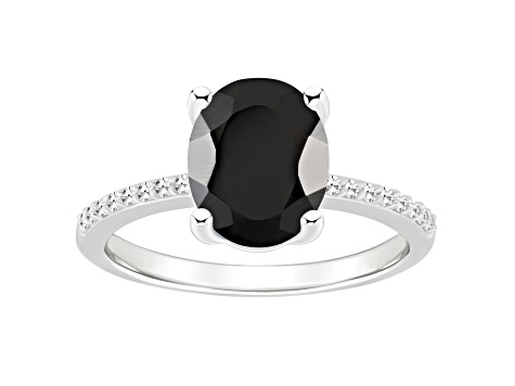 10x8mm Oval Black Onyx and 1/10 ctw Diamond Rhodium Over Sterling Silver Ring