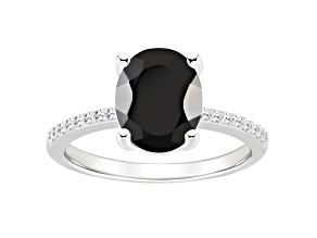 10x8mm Oval Black Onyx and 1/10 ctw Diamond Rhodium Over Sterling Silver Ring