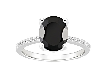 Picture of 10x8mm Oval Black Onyx and 1/10 ctw Diamond Rhodium Over Sterling Silver Ring