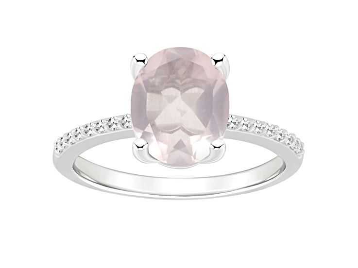 10x8mm Oval Rose Quartz and 1/10 ctw Diamond Rhodium Over Sterling Silver Ring