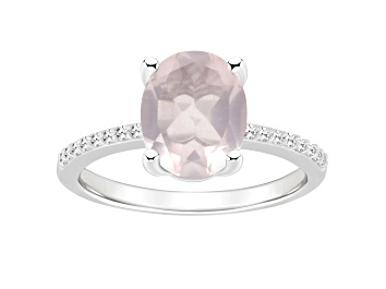 Picture of 10x8mm Oval Rose Quartz and 1/10 ctw Diamond Rhodium Over Sterling Silver Ring