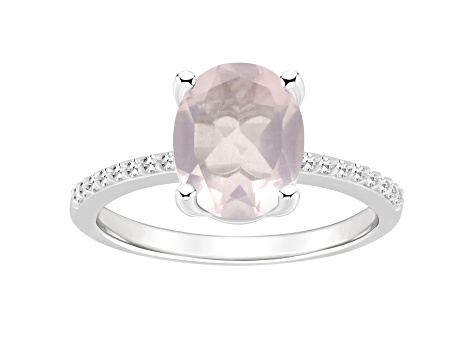 10x8mm Oval Rose Quartz and 1/10 ctw Diamond Rhodium Over Sterling Silver Ring