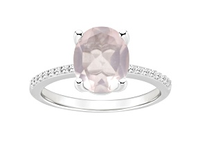 10x8mm Oval Rose Quartz and 1/10 ctw Diamond Rhodium Over Sterling Silver Ring