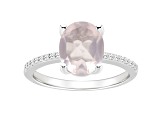 10x8mm Oval Rose Quartz and 1/10 ctw Diamond Rhodium Over Sterling Silver Ring