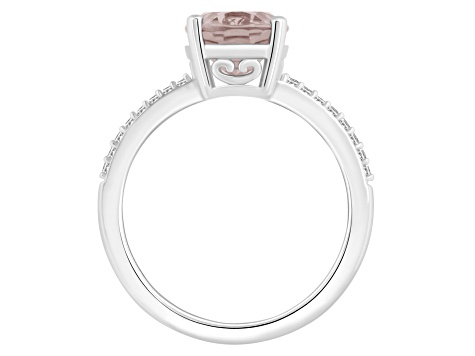 10x8mm Oval Rose Quartz and 1/10 ctw Diamond Rhodium Over Sterling Silver Ring