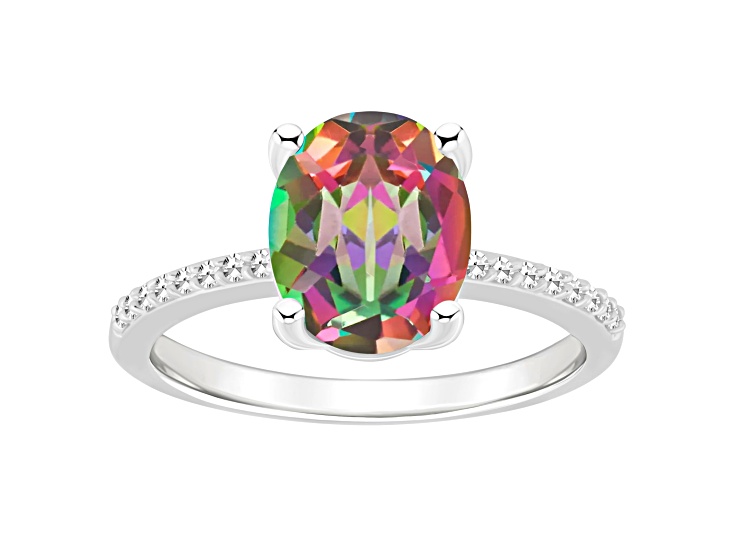 10x8mm Oval Mystic Topaz and 1/10 ctw Diamond Rhodium Over Sterling Silver Ring