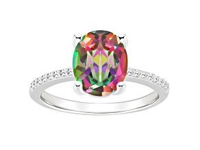 10x8mm Oval Mystic Topaz and 1/10 ctw Diamond Rhodium Over Sterling Silver Ring