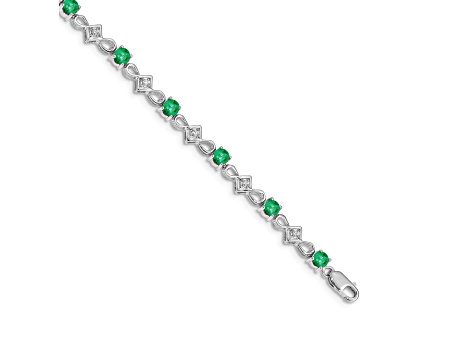 Rhodium Over 14k White Gold Diamond and Emerald Bracelet