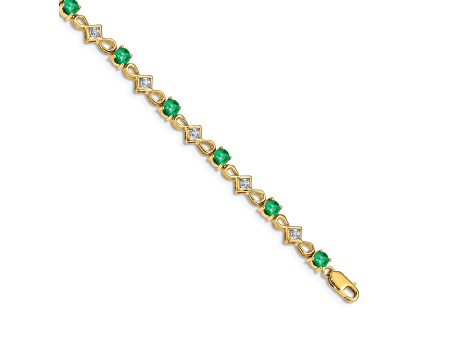 14k Yellow Gold and Rhodium Over 14k Yellow Gold Diamond and Emerald Bracelet