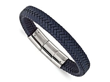 Picture of Navy Blue Leather and Stainless Steel Polished 7.75-inch with 0.5-inch Extension Bracelet