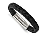 Black Woven Leather and Stainless Steel Polished 8-inch with 0.5-inch Extension Bracelet