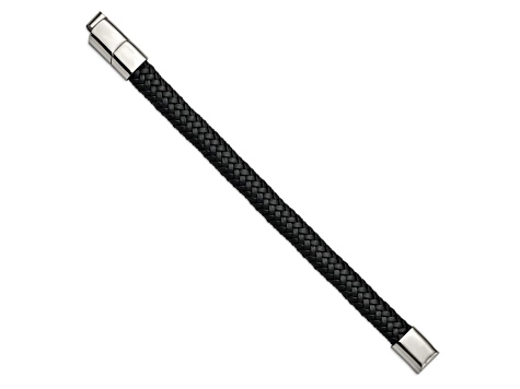 Black Woven Leather and Stainless Steel Polished 8-inch with 0.5-inch Extension Bracelet