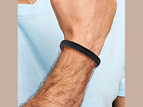 Black Woven Leather and Stainless Steel Polished 8-inch with 0.5-inch Extension Bracelet