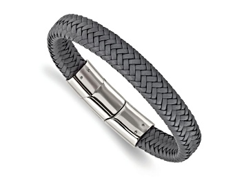 Picture of Gray Woven Leather and Stainless Steel Polished 8-inch with 0.5-inch Extension Bracelet