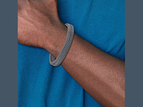 Gray Woven Leather and Stainless Steel Polished 8-inch with 0.5-inch Extension Bracelet