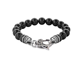 Invicta Jewelry Men's Polished Onyx Stone Antiqued Clasp Bead Bracelet (10mm) - 8.5"